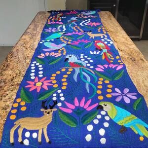 Colorful Mexican Embroidered Table Runner Hand Made Flowers Birds Deer 60"x17"
